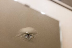 A ceiling with water damage near a fire sprinkler.